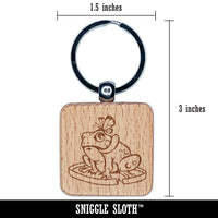 Hungry Frog with Butterfly Engraved Wood Square Keychain Tag Charm