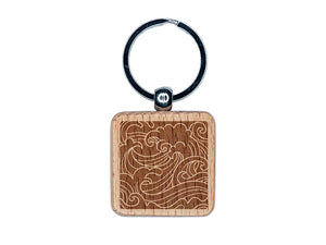 Japanese Ocean Waves Engraved Wood Square Keychain Tag Charm