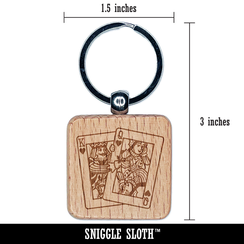 King and Queen of Hearts Playing Cards Engraved Wood Square Keychain Tag Charm