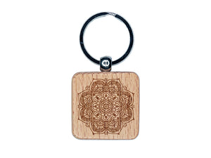 Mandala Geometric Flower Engraved Wood Square Keychain Tag Charm