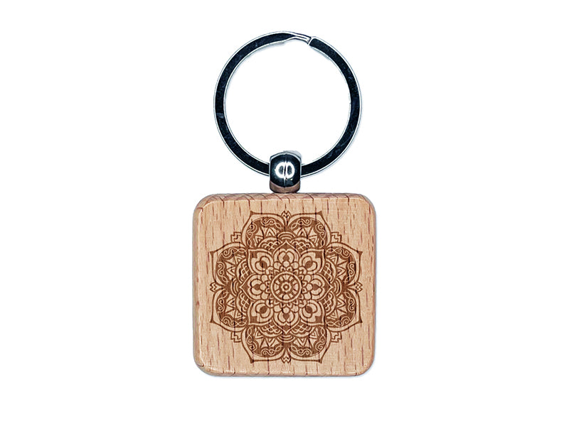 Mandala Geometric Flower Engraved Wood Square Keychain Tag Charm