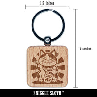 Maneki Neko Lucky Fortune Cat Engraved Wood Square Keychain Tag Charm