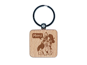 Merci Thank You French Bulldog With Beret and Bandana Engraved Wood Square Keychain Tag Charm