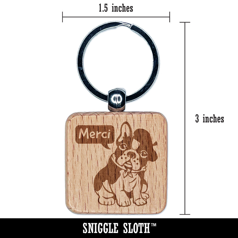 Merci Thank You French Bulldog With Beret and Bandana Engraved Wood Square Keychain Tag Charm