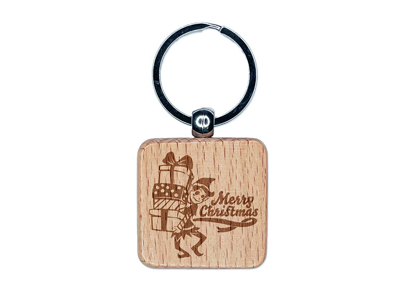 Merry Christmas Elf with Presents Gifts Engraved Wood Square Keychain Tag Charm