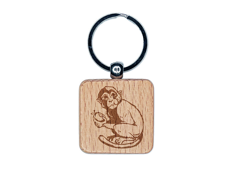 Monkey Eating Fruit Engraved Wood Square Keychain Tag Charm