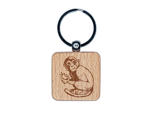 Monkey Eating Fruit Engraved Wood Square Keychain Tag Charm