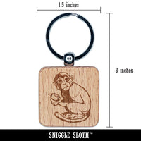 Monkey Eating Fruit Engraved Wood Square Keychain Tag Charm