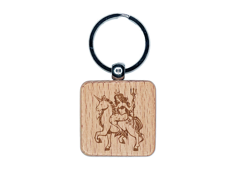 Mystical Mermaid Riding Unicorn Engraved Wood Square Keychain Tag Charm