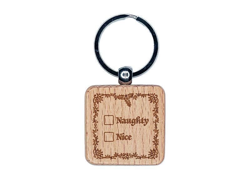 Naughty and Nice Christmas Holiday Checklist Engraved Wood Square Keychain Tag Charm