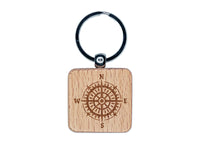 Nautical Compass Engraved Wood Square Keychain Tag Charm