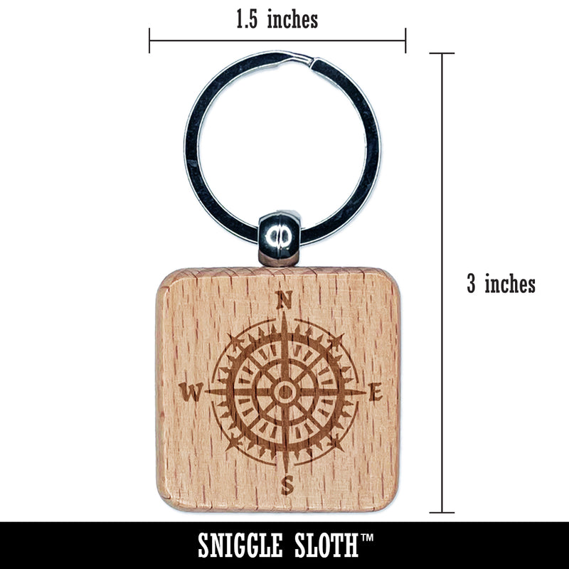 Nautical Compass Engraved Wood Square Keychain Tag Charm