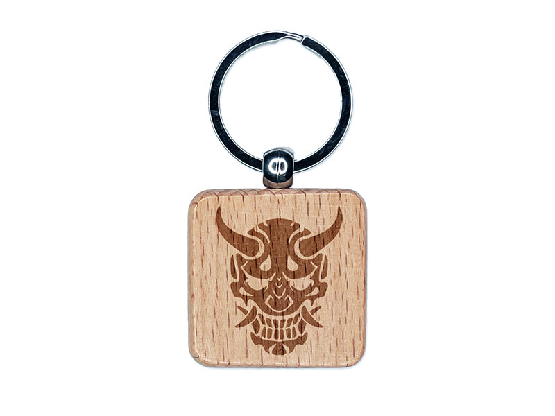 Oni Japanese Ogre Demon Engraved Wood Square Keychain Tag Charm