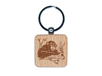 Peace Loving Bonobo Chimpanzee Engraved Wood Square Keychain Tag Charm