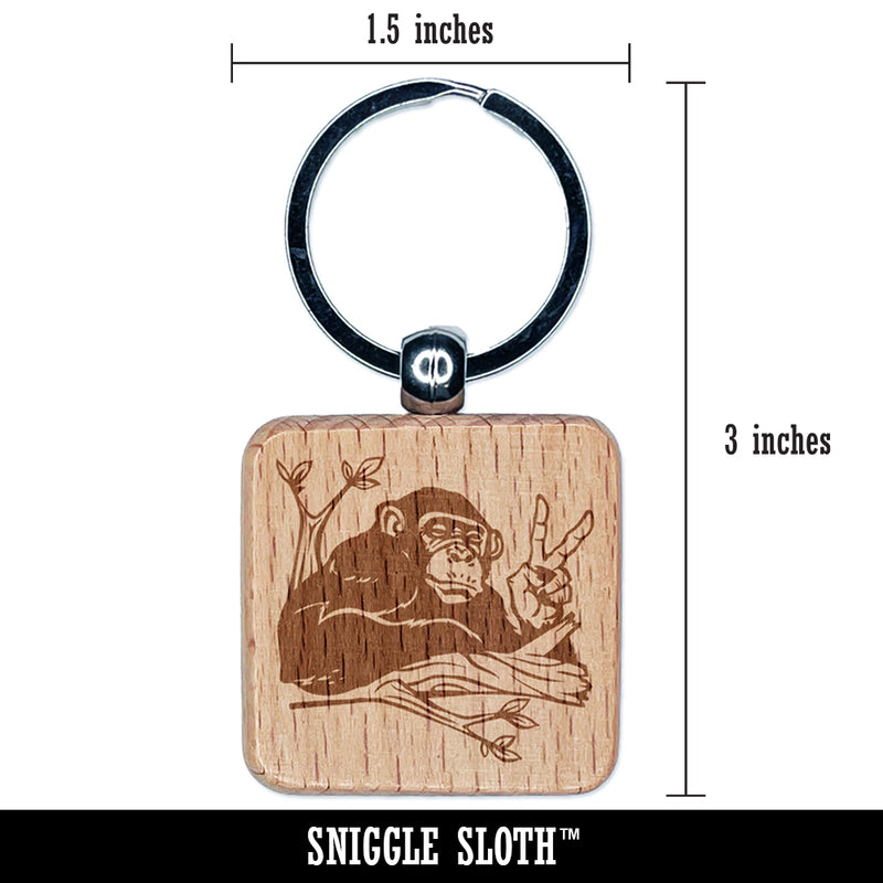 Peace Loving Bonobo Chimpanzee Engraved Wood Square Keychain Tag Charm