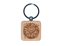 Peony Flowers in Circle Engraved Wood Square Keychain Tag Charm