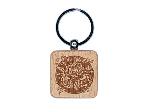 Peony Flowers in Circle Engraved Wood Square Keychain Tag Charm