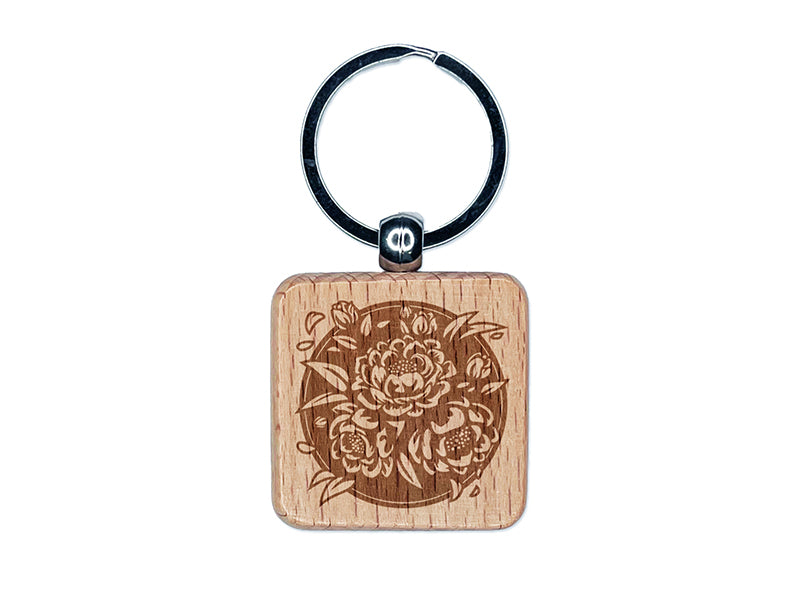 Peony Flowers in Circle Engraved Wood Square Keychain Tag Charm