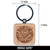 Peony Flowers in Circle Engraved Wood Square Keychain Tag Charm