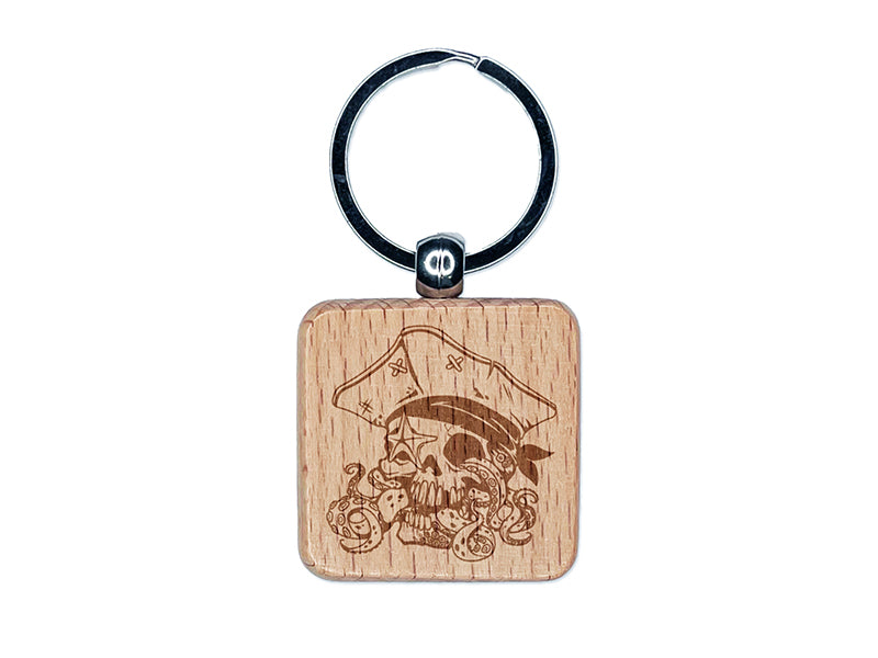 Pirate Skull with Octopus Tentacles Engraved Wood Square Keychain Tag Charm
