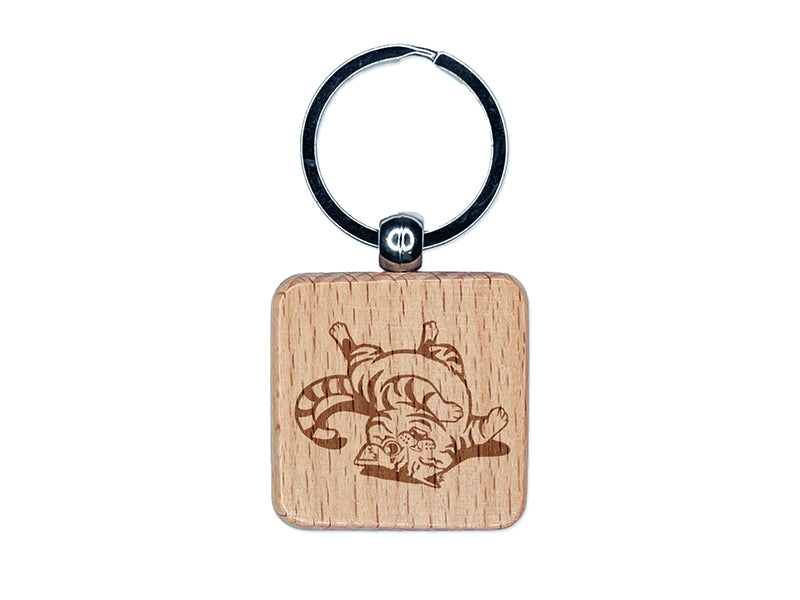 Playful Cat Rolling Around Engraved Wood Square Keychain Tag Charm