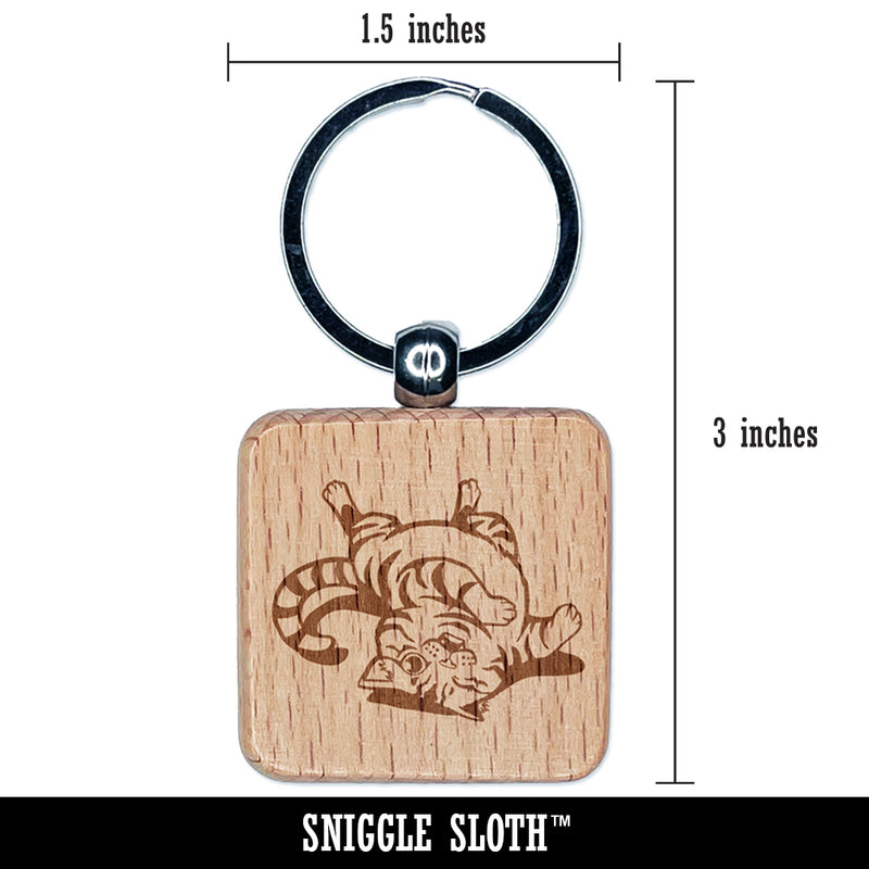 Playful Cat Rolling Around Engraved Wood Square Keychain Tag Charm