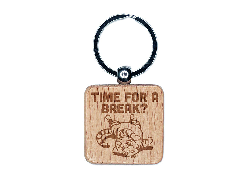 Playful Cat Time for a Break Nap Engraved Wood Square Keychain Tag Charm