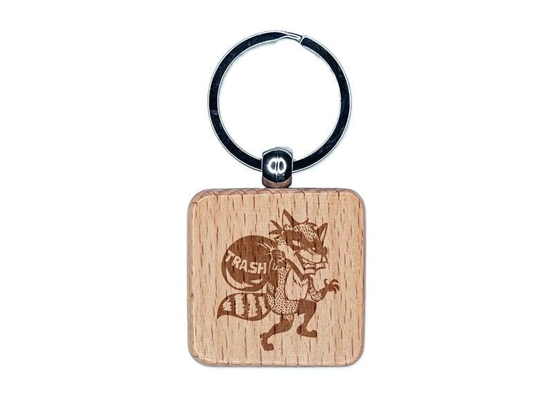 Raccoon Trash Bandit Thief Engraved Wood Square Keychain Tag Charm
