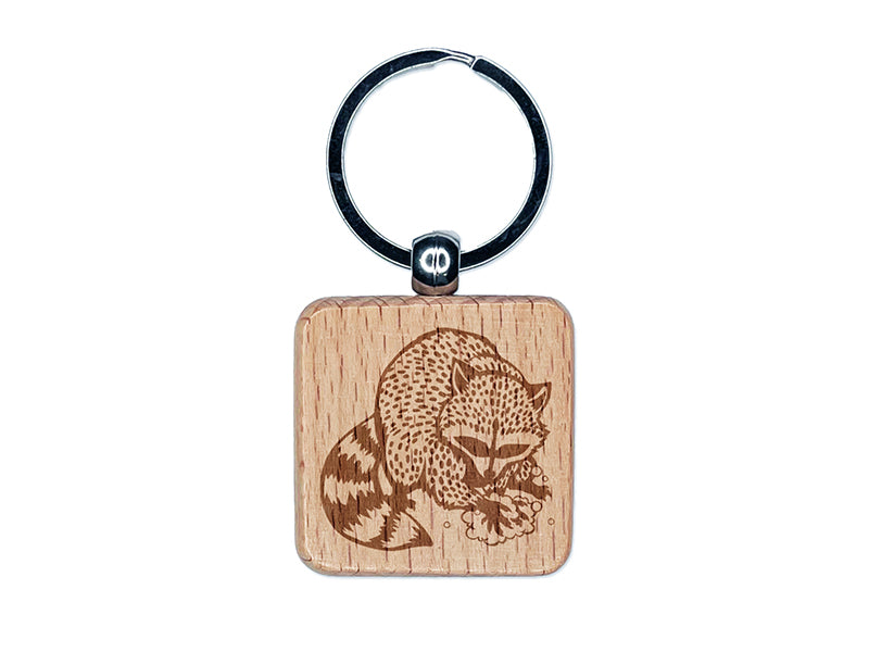 Raccoon Washing Hands Engraved Wood Square Keychain Tag Charm
