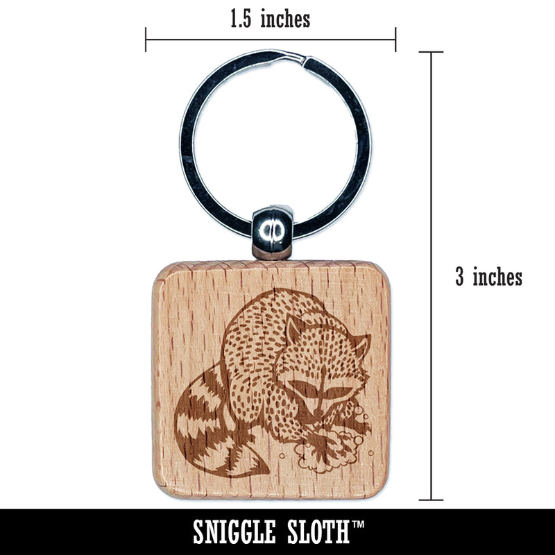 Raccoon Washing Hands Engraved Wood Square Keychain Tag Charm