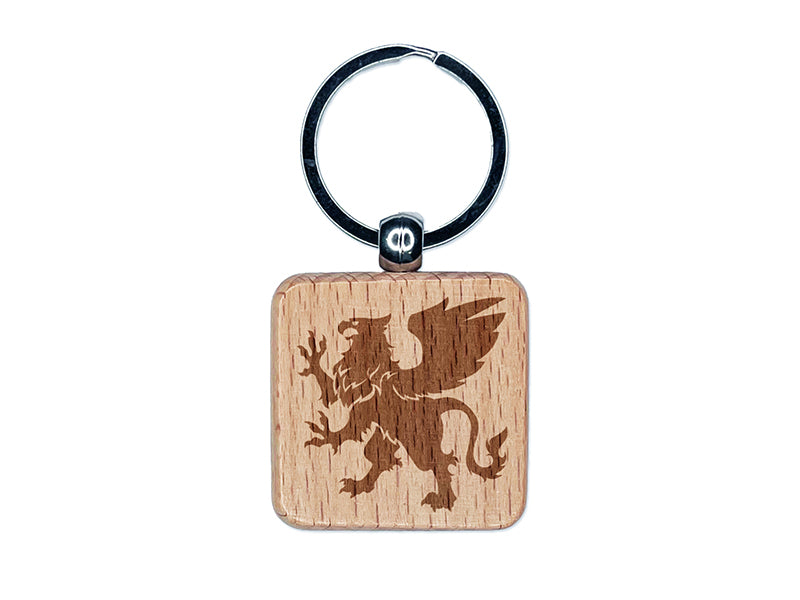 Regal Heraldic Griffin Engraved Wood Square Keychain Tag Charm