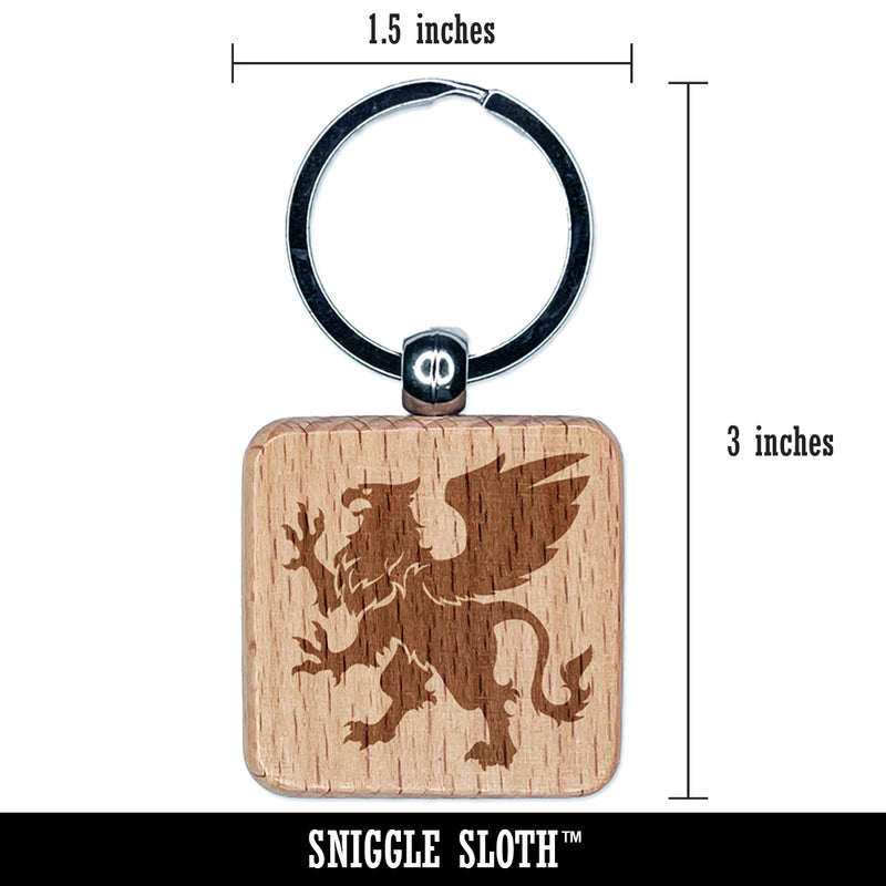 Regal Heraldic Griffin Engraved Wood Square Keychain Tag Charm