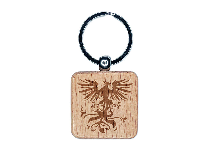 Regal Heraldic Phoenix Engraved Wood Square Keychain Tag Charm