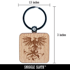 Regal Heraldic Phoenix Engraved Wood Square Keychain Tag Charm