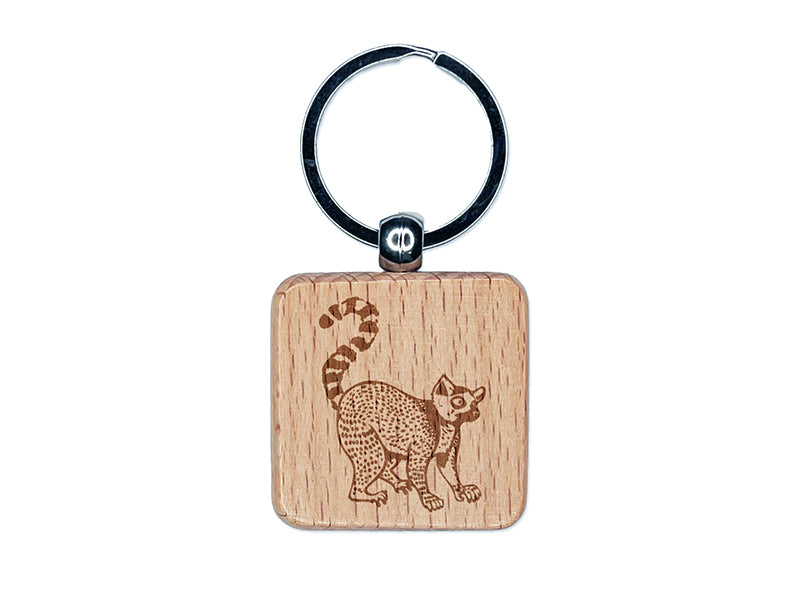 Ring-Tailed Lemur Engraved Wood Square Keychain Tag Charm