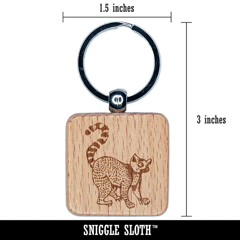 Ring-Tailed Lemur Engraved Wood Square Keychain Tag Charm