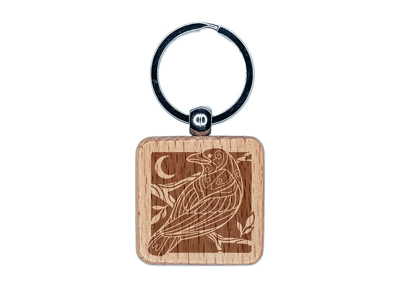 Runic Tribal Rune Raven Engraved Wood Square Keychain Tag Charm