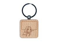 Sad Anime Manga Girl with Empty Speech Bubble Engraved Wood Square Keychain Tag Charm