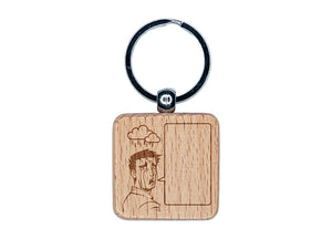 Sad Crying Manga Man with Empty Speech Bubble Engraved Wood Square Keychain Tag Charm