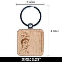 Sad Crying Manga Man with Empty Speech Bubble Engraved Wood Square Keychain Tag Charm