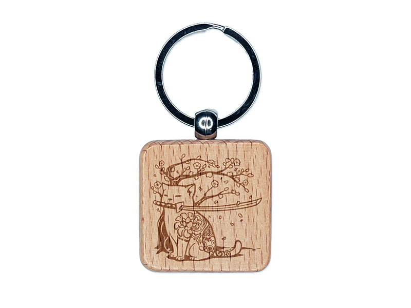 Samurai Cat Under Sakura Cherry Blossom Engraved Wood Square Keychain Tag Charm