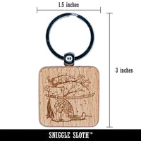 Samurai Cat Under Sakura Cherry Blossom Engraved Wood Square Keychain Tag Charm