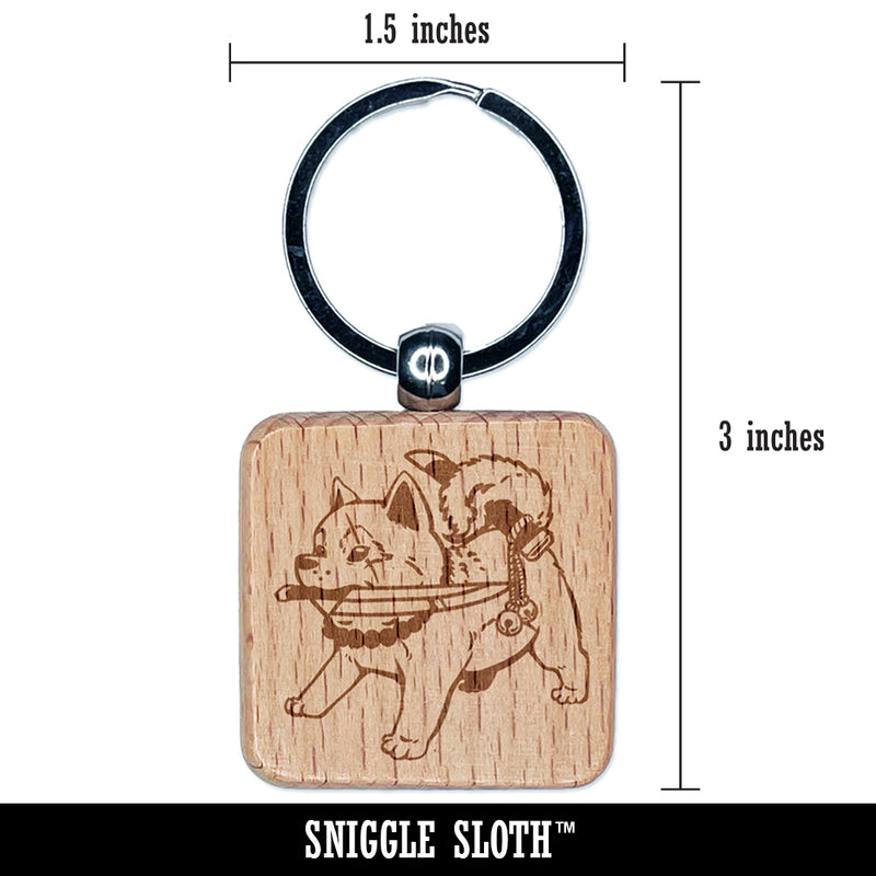 Samurai Dog Shiba Inu with Knife Engraved Wood Square Keychain Tag Charm