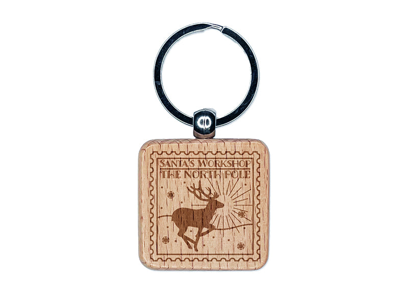 Santa's Workshop North Pole Destination Christmas Engraved Wood Square Keychain Tag Charm