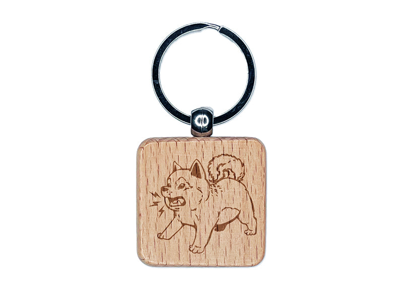 Shiba Inu Puppy Dog Barking Engraved Wood Square Keychain Tag Charm
