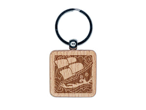 Ship Sailing on Turbulent Waves Engraved Wood Square Keychain Tag Charm