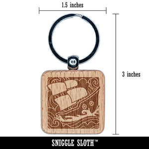 Ship Sailing on Turbulent Waves Engraved Wood Square Keychain Tag Charm