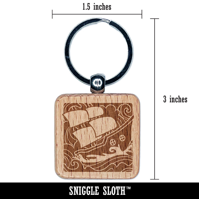 Ship Sailing on Turbulent Waves Engraved Wood Square Keychain Tag Charm