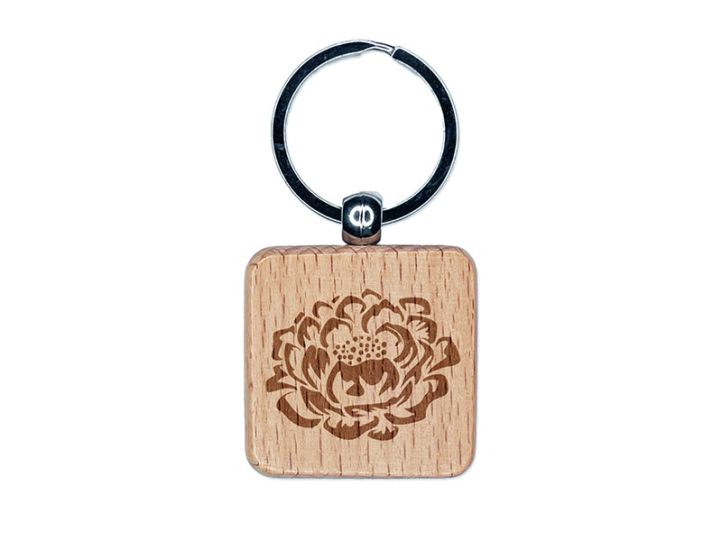 Single Peony Flower Engraved Wood Square Keychain Tag Charm