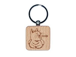 Sleepy Kitty Yawning Meow Engraved Wood Square Keychain Tag Charm